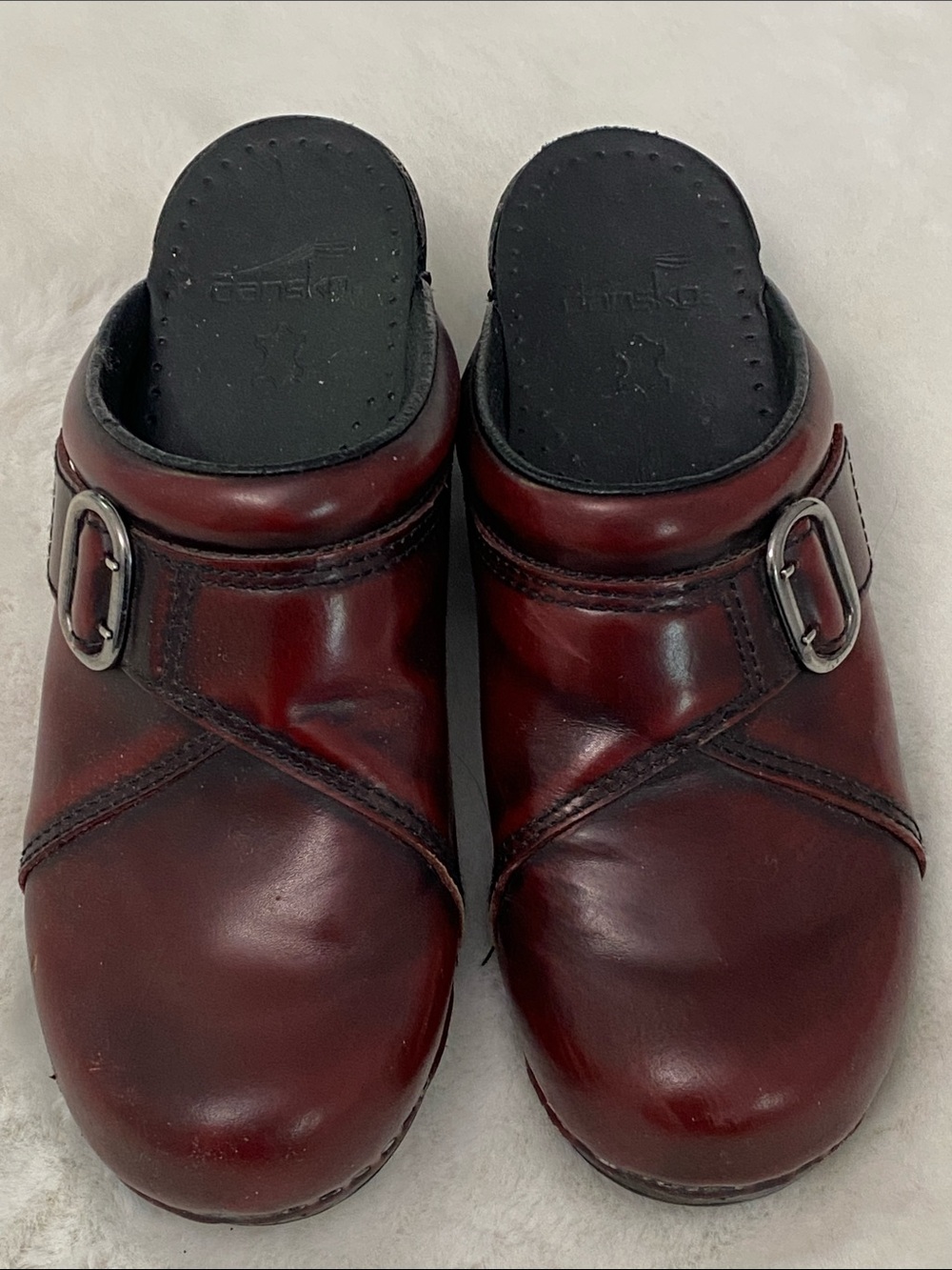 Dansko Dark Antiqed Brick Red Clog with Buckle. Size 39